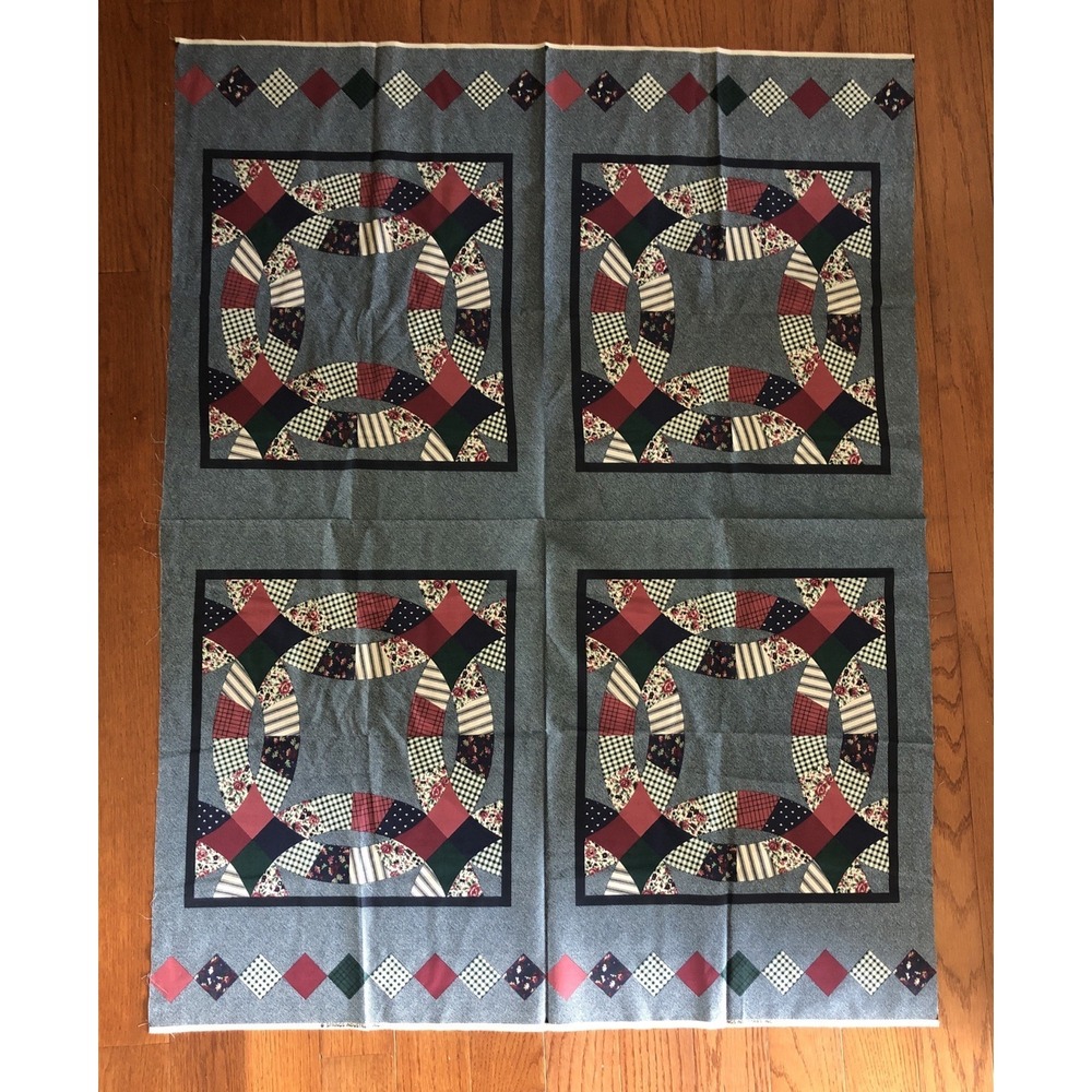 Vtg Double Wedding Ring Cheater Fabric Quilt Block Springmaid 1 Yd = 4 Blocks